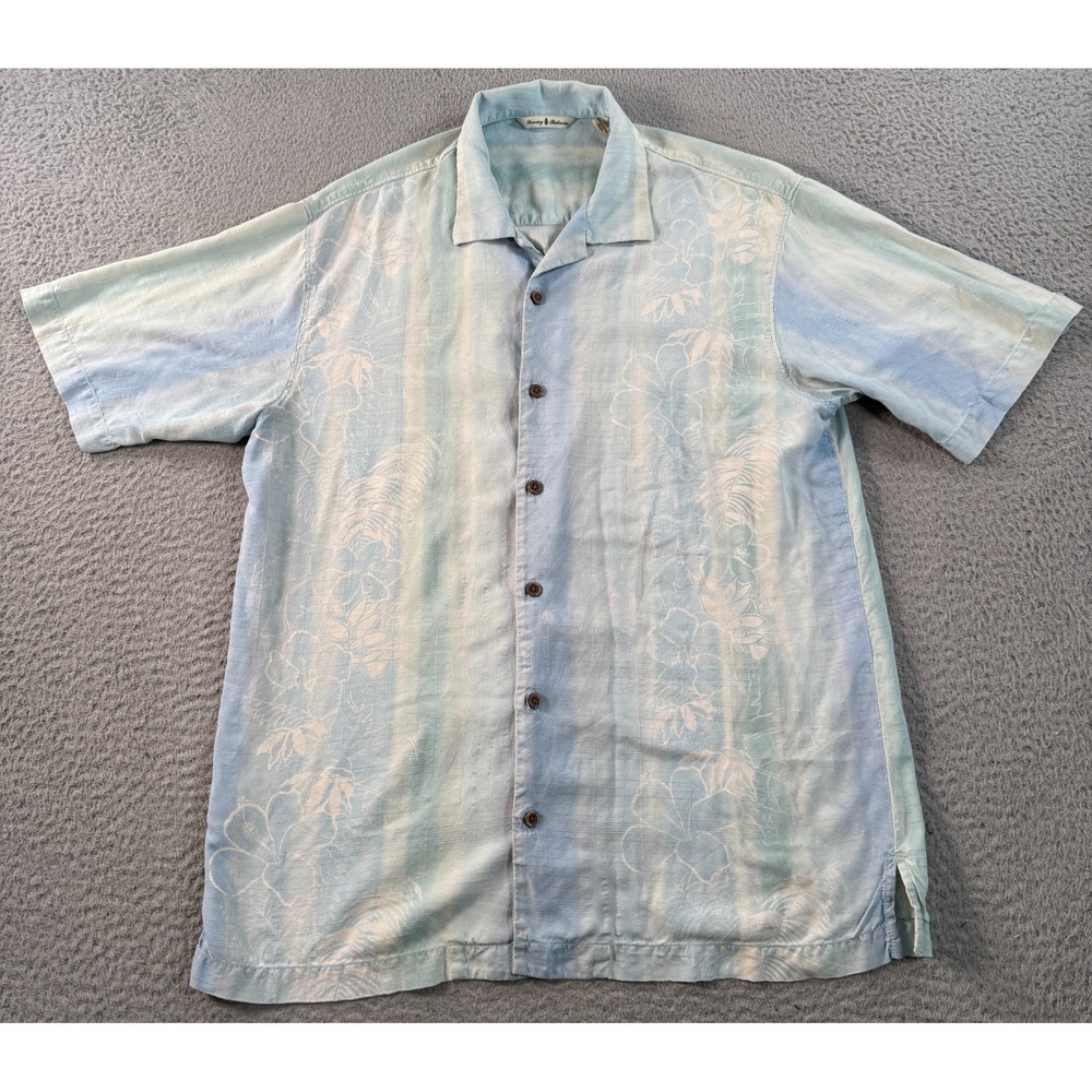 Tommy Bahama Shirt Men's Medium Blue Silk Floral Hawaiian Tropical